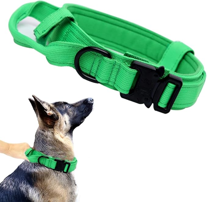 Xqpetlihai Tactical Dog Collar - Adjustable Nylon, Heavy Duty Metal Buckle with Handle for Dog Training (Bright Green, XXL)