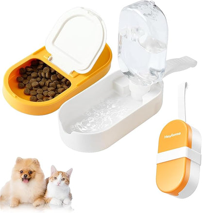 2-in-1 Dog Bowl & Water Bottle, Large Food Container for Dog Treats, Steak, Sticks, Bars - Portable Pet Dispenser for Hiking, Travel (Yellow)