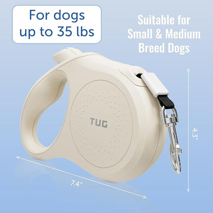 TUG Quest Retractable Dog Leash | 360° Tangle-Free Retraction | 16 ft Strong Nylon Tape (Small, Cream)