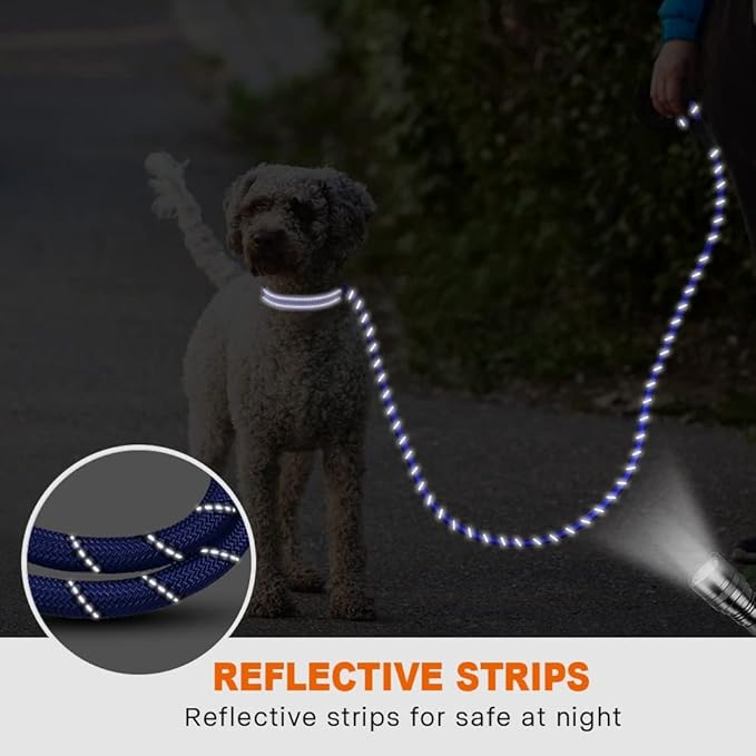 Taglory Rope Dog Leash 4 FT with Comfortable Padded Handle, Highly Reflective Threads Leash and Anti-Tangle Clip for Walking Small Dogs, 3/8 inch, Navyblue