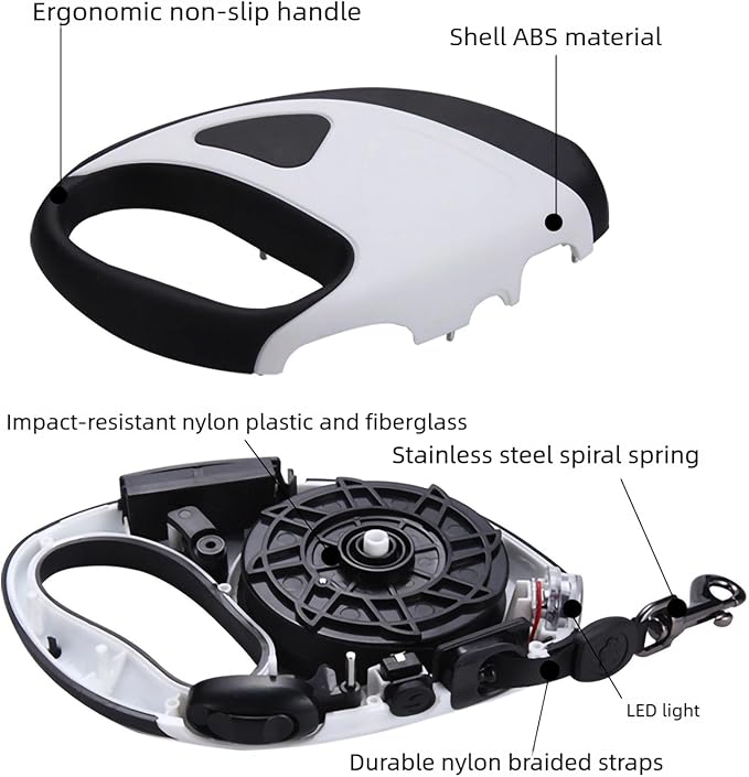 Retractable Dog Leash with Light, Pet Lead, 12-Color Ambient Lighting, Retractable Pet Lead with 360° Anti-Tangle Feature, 5-Meter Length Weighing Up to 40 kg (White, 1.0)
