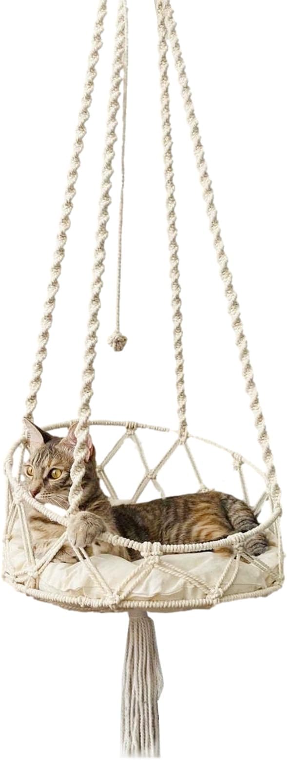 Cat Hammock, Handmade Woven Tassel Hanging Pet Bed for Kitten & Puppy, Pastoral Style Cats Swing Hammock with Cotton Mat for Palying Sleeping Lounging, 40cm