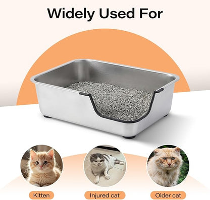 Stainless Steel Cat Litter Box, 19.5"L x 13.6"W x 6"H Metal Cat Litter Box with Low Entry for Senior, Injured Cats Anti-Slip Non-Stick No Odor Easy to Clean for Most Cats with Weight of 22Ibs or Less