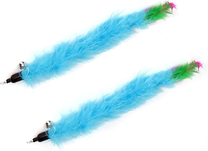 2 Pcs Cat Toys Interactive Refill Replacement Feather Pack Furry Tail Butterfly Dragonfly Fish Mouse Caterpillar Worm Birds Feathers for Kitten Cats, 21 Variety Styles CT15-15 Blue Long Feather