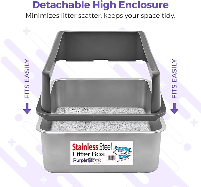 iPrimio XL Stainless Steel Litter Box for Cats with Enclosure and 1 Scooper - Easy to Clean, High-Sided Litter Box for Extra Litter Scatter Protection - XL Size for Big Cats - 23.5"x15.5"x6"