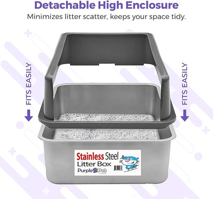 iPrimio XL Stainless Steel Litter Box for Cats with Enclosure and 1 Scooper - Easy to Clean, High-Sided Litter Box for Extra Litter Scatter Protection - XL Size for Big Cats - 23.5"x15.5"x6"