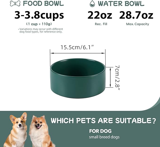 Ceramic 6.1inch Non-Slip Dog Food and Water Bowl for Small & Medium Breed Dogs,Pet Bowl for Replacement, Protects Cervical Spine (Green)
