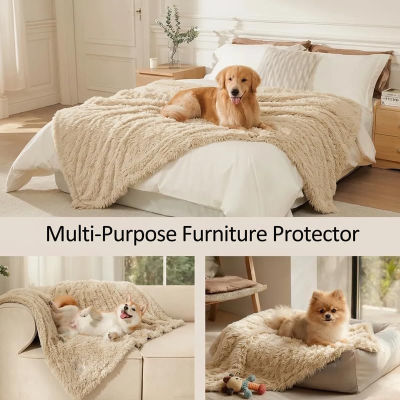 Pet Blankets Waterproof Fluffy Fleece Blanket Cat Dog Blankets Liquid Pee Proof Throw Blanket Reversible Furniture Protector Cover Washable for Couches Beds Sofa,65"x57" Beige - Image 4