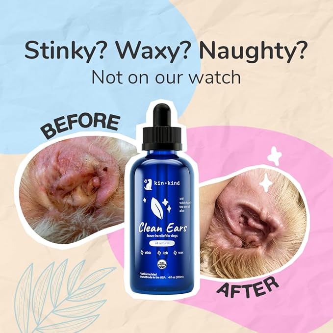 kin+kind Clean Ears - Natural Leave-in Dog Ear Cleanser - Certified USDA Organic - Fragrance Free - 4 fl oz