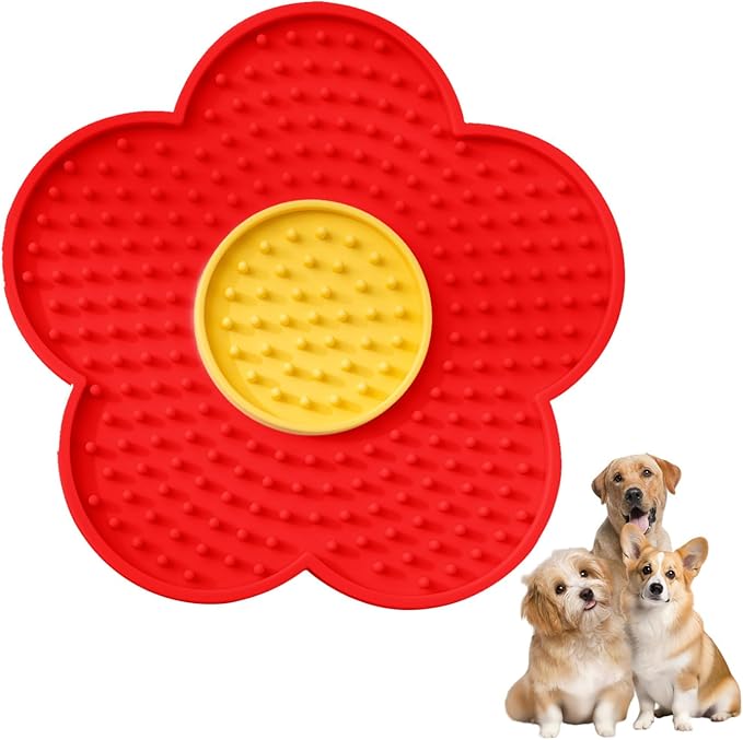 renvena Cat Lick Pad Slow Feeder Flower Shape Silicone Mat with Suction Cups for Kittens Small Dogs Easy Clean Red One Size