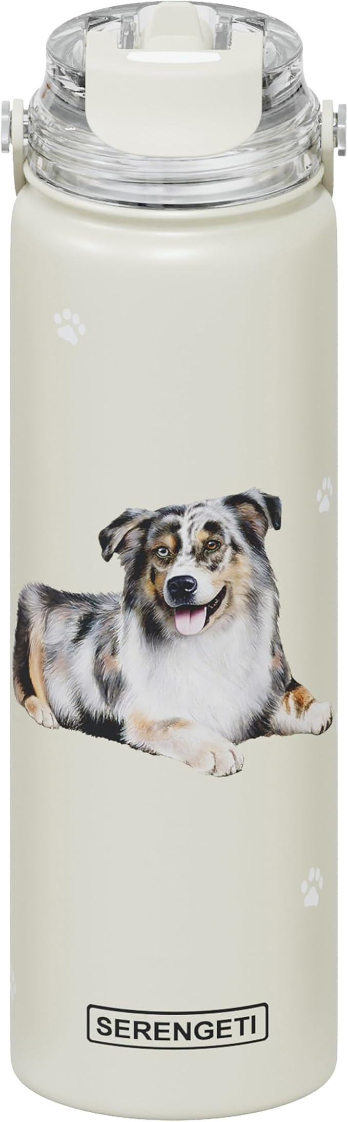 SERENGETI 24 Oz Water Bottle Stainless Steel with Spill Proof Lid - Double walled Vacuum Insulated water flask - Realistic 3D Print of your favorite dog (Australian Shepherd)