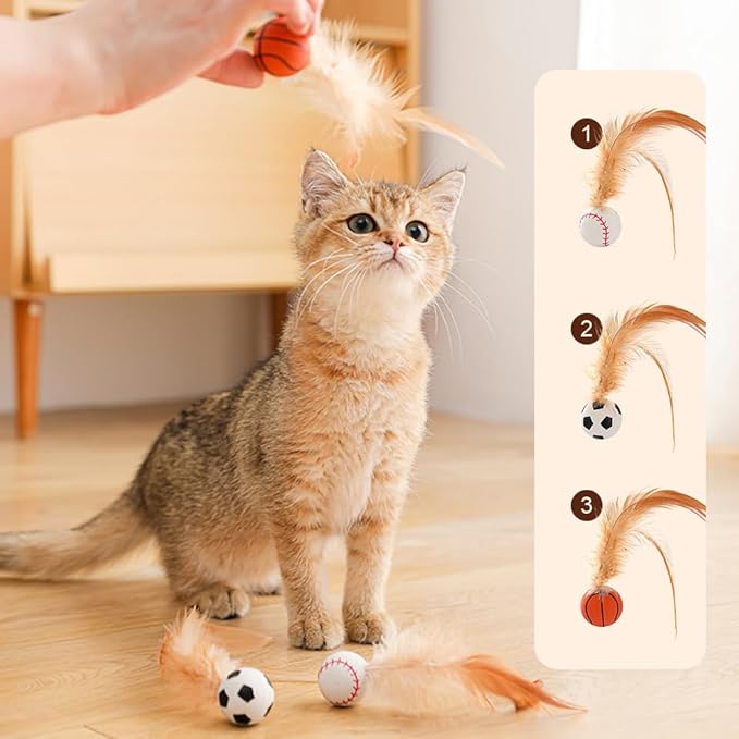 Interactive Feather Ball Toy Set for Cats, 2025 New Rolling Cat Toy with Elastic Spring Base & Soft Silicone Feathers for Indoor Cats/Kittens, Exercise & Training Stimulating Toys (Basketball)