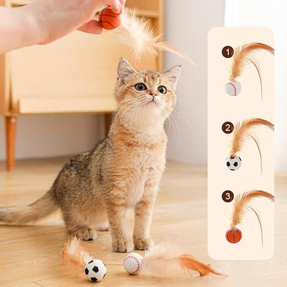 Interactive Feather Ball Toy Set for Cats, 2025 New Rolling Cat Toy with Elastic Spring Base & Soft Silicone Feathers for Indoor Cats/Kittens, Exercise & Training Stimulating Toys (Baseball)