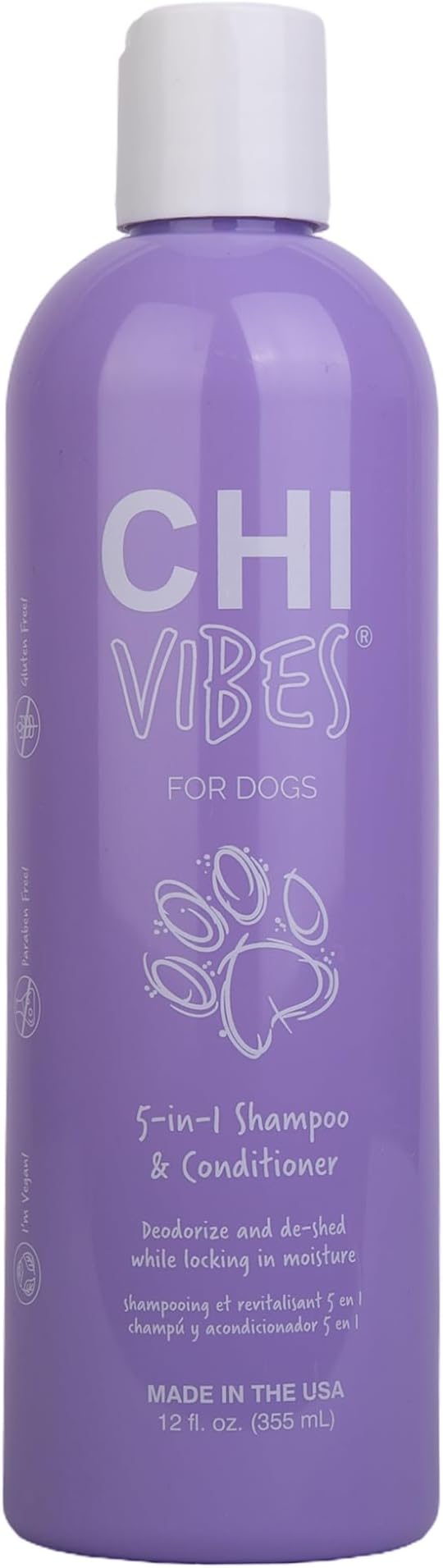 CHI Vibes for Dogs 5-in-1 Shampoo & Conditioner, Cleans + Deodorizes + Moisturizes + Detangles + Helps De-Shed, Vegan pH Balanced, Gluten & Paraben Free, Made in USA, 12 Fl Oz