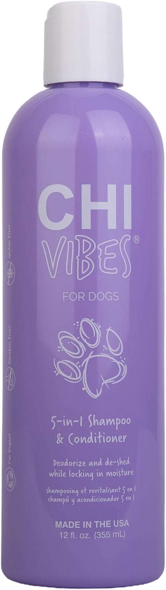 CHI Vibes for Dogs 5-in-1 Shampoo & Conditioner, Cleans + Deodorizes + Moisturizes + Detangles + Helps De-Shed, Vegan pH Balanced, Gluten & Paraben Free, Made in USA, 12 Fl Oz