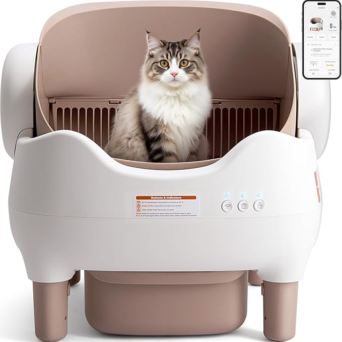 Self Cleaning Litter Box, Automatic Cat Litter Box-APP Control, Open-Design Electric Litter Box, Safety Anti-Pinch, Odor-Free Waste Disposal Includes Trash Bags, Suitable for Multiple Cats, Grey