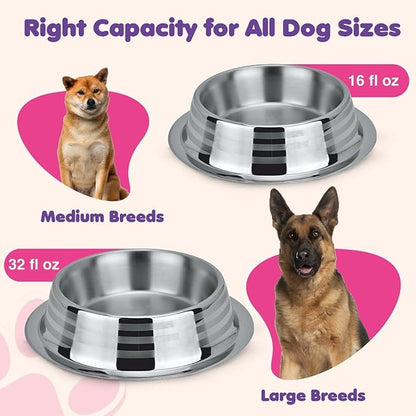 Stainless Steel Dog Bowls | Cat Bowls (Pack of 2) - Anti Skid & Non Tip Dog Water Bowl | Cat Water Bowl Set - Dishwasher Safe - 32 Oz - 950 ml - 23 cm Diameter (Elegant Silver Stripes)