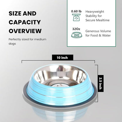 Iconic Pet 4 Cup/32 Oz Elegant Stainless Steel Color Splash Food/Water Bowl with Non Skid, Noise Free, Removable Rubber Ring - Dog/ Cat Feeding Bowl In color shade, Dishwasher Safe - Blue, 2 Bowls