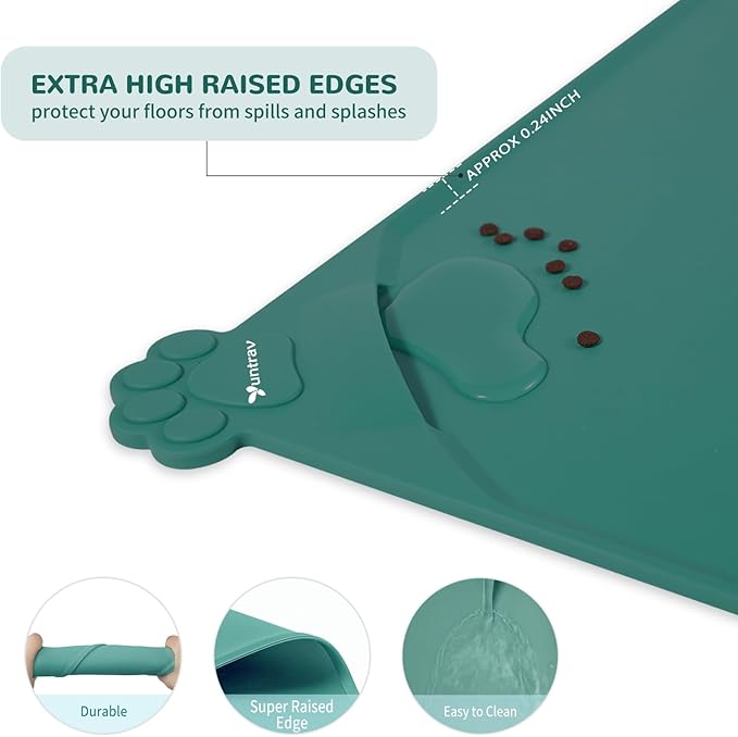 Silicone Pet Food Mat Dog Cat Waterproof Spill Proof Mess Control Easy Clean Floor Protector 18.8L x 11.8W Inch Green