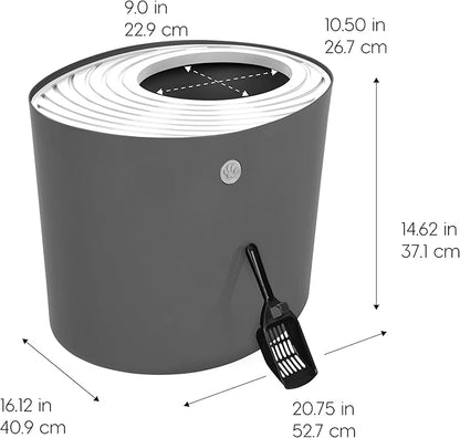 IRIS USA Large Top Entry Cat Litter Box Made in USA, Covered Enclosed Design with Lid, Litter Catching Grooved Top, Scatter Shield, Dog Proof, Scoop Included, Odor Control, Dark Gray/White