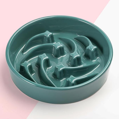 8.26 in Deep Green Ceramic Slow Feeder Dog Bowl for Medium and Large Breed,Pet Feeding Dog Food Water Dish Heavy Weighted,Puppy Bowl for Fast Eaters,Puzzle Slow Eating Dish Modern Maze Meteor