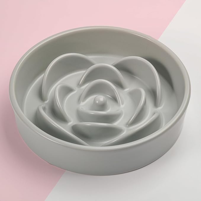 8.26 in Grey Dog Bowl Slow Feeder Ceramic for Medium and Large Breed,Elevated/Raised Slow Feeding Dog Food Water Dish Heavy Weighted,Puppy Dish for Fast Eaters,Puzzle Eating Bowl Modern Maze