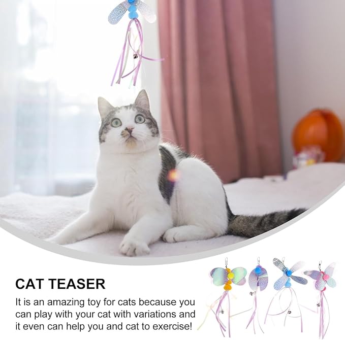balacoo Cat Teaser Wand Accessories Set 4 Pcs Interactive Cat Stick Toys with Bell Feather for Indoor Play and Exercise 3.93X0.78X7.08 Inches