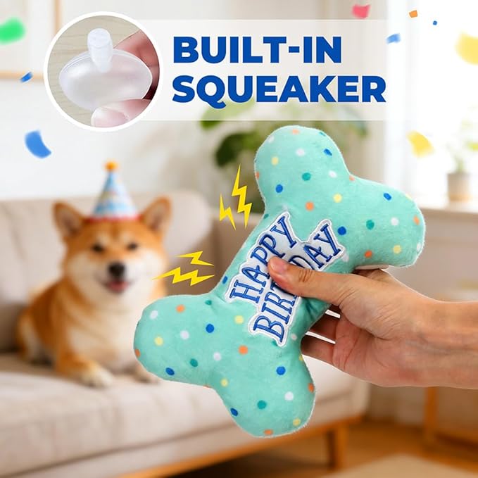 Prime Pets Dog Birthday Toys, 3 Pack, Crinkle Squeaky Dog Toys, Pet Toys for Small Medium Large Dogs, Stuffed Puppy Chew Toys, Dog Gift Toys
