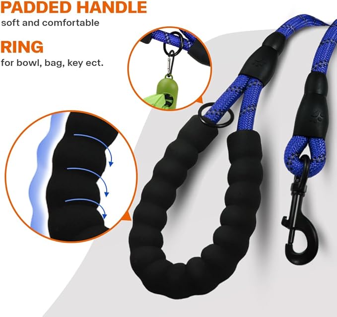 Taglory Rope Dog Leash 5 FT with Comfortable Padded Handle, Highly Reflective Threads Leash and Anti-Tangle Clip for Walking Medium Large Dogs, 1/2 inch, Navyblue