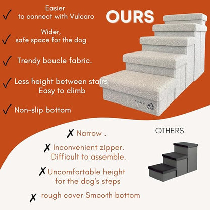 5-Step Dog Stairs for Small, Medium Dogs with Storage Box - Durable Folding Pet Steps, Padded Lid and Container; Dog Steps for Bed and Couch + Hair Brush Gift (Off White, Large, 5.0)