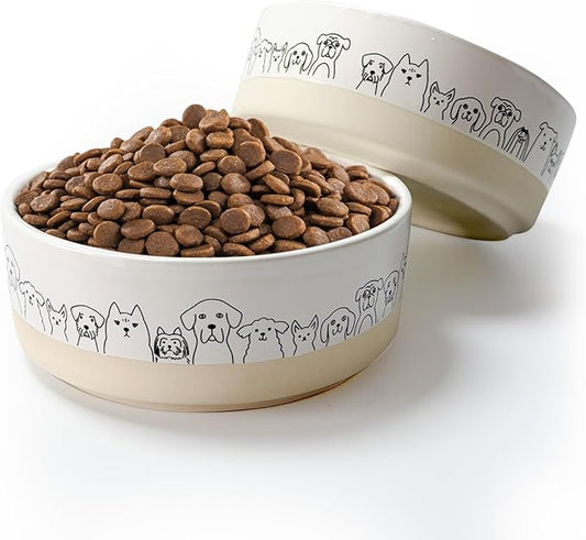 Ceramic Dog Bowls Set of 2，6.1inch Wide Dog Food Bowl with Cute Patterns Printing for Small Medium and Large Breed Dogs,Weighted Pet Feeding Dishes for Food and Water Dishwasher Safe
