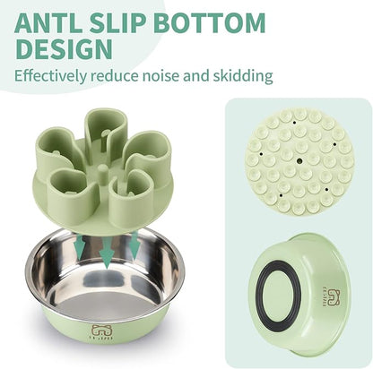 Stainless Steel Slow Feeder Dog Bowl, Bestalk 2-in-1 Metal Dog Bowls with Silicone Slow Feeder Insert for Small, Medium, Large Dogs(Green,1 Cup)