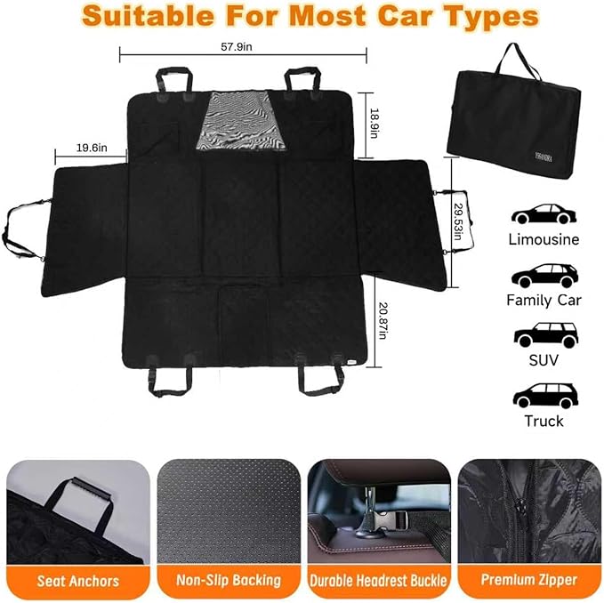 Dog Seat Cover for Back Seat, Back Seat Extender for Dogs, Hard Bottom Seat Cover with Mesh Window and Storage Pocket, Waterproof Dog Hammock Seat for Full Size SUVs, Trucks, Black, X-Large