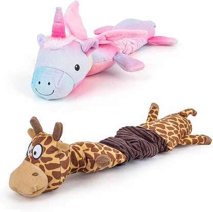 3-in-1 Squeaky Dog Toy for Chewer (Squeaker, Crinkle Paper & Elastic Band), Durable Interactive Puppy Plush Chew Toy for Boredom, Tug of-War, for Small Medium Large Breed (2 Pack, Giraffe,Unicorn)