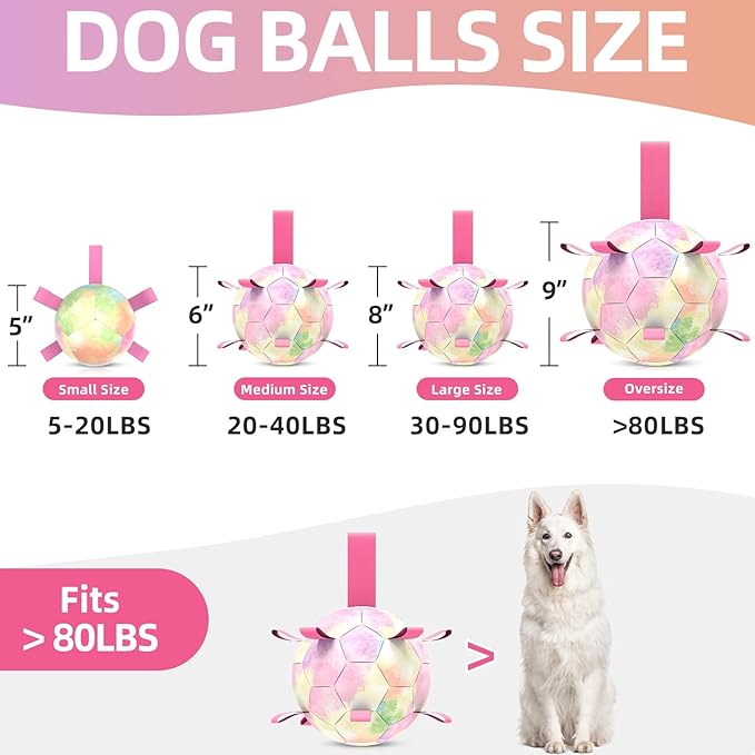 QDAN Extra Large Dog Toys Soccer Ball for Extra Large Dogs - Durable Dog Ball for Beach Pool Water Toy, Interactive Tug of War, Puppy Birthday Gifts, Rainbow (9 Inch)