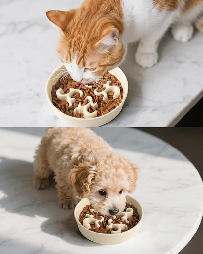 Slow Feeder Dog Bowl, 0.6 Cups Ceramic Dog Food Dish for Fast Eaters Small Breed, Puzzle Bowl for Small Dogs and Cats(Yellow)