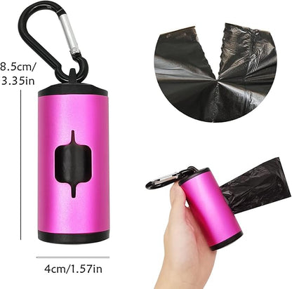 Aluminum Dog Poop Bags Holder with Carabiner Metal Pet Waste Bags Dispenser with Hook and Loop Fastener and Elastic Cord to Carry Used Bags (Pink)