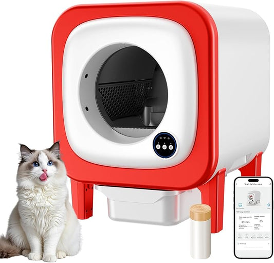 Self Cleaning Litter Box, Extra Large Automatic Cat Litter Box Self Cleaning for Multiple Cats, App Control, Safety Protection, Ultra-Quiet,Includes Trash Bags,Red