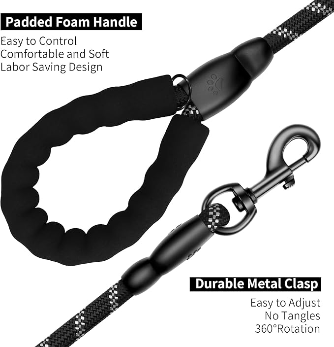 Heavy Duty Dog Leash for Large Medium Small Breed Dogs, Reflective Rope Dog leashes with Comfortable Handle,4/5/6 FT Pet Puppy Leash for Night Walking with Poop Bag Holder,Black,1/2 inch