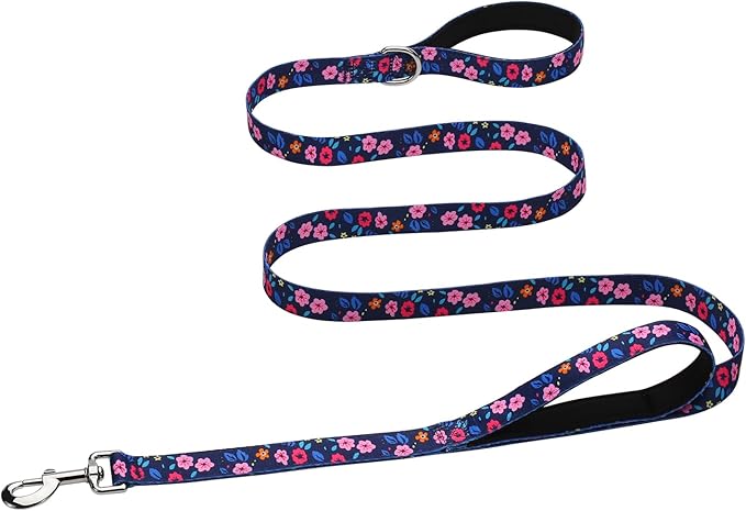 Hikiko 4 Ft Double Handle Dog Leash for Small Medium Large Dogs, Padded Traffic Handles Lead for Walking Training (Navy Blue Floral)