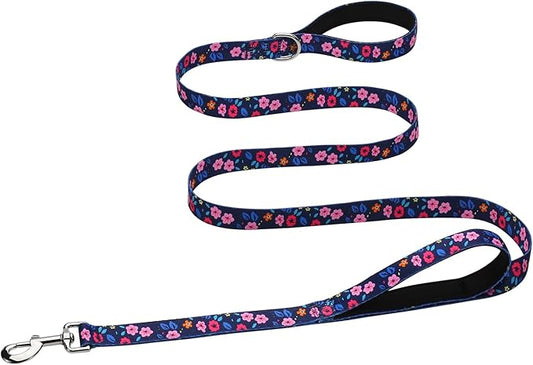 Hikiko 5 Ft Double Handle Dog Leash for Small Medium Large Dogs, Padded Traffic Handles Lead for Walking Training (Navy Blue Floral)
