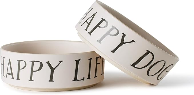 Fringe Studio Happy Dog Medium Stoneware Pet Bowl, PetShop Collection (479107) (Pack of 2)