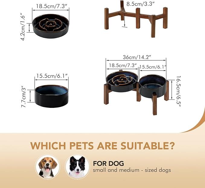 Ceramic 1.2 Cup Raised Slow Feeder Dog Bowl Set, Elevated 6.1inch Bowl and 7.3inch Dish with Acacia Wood Stand for Small and Medium Dog(2 x Starry Sky+ Stand)