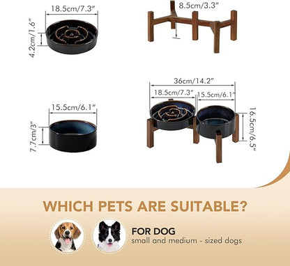 Ceramic 1.2 Cup Raised Slow Feeder Dog Bowl Set, Elevated 6.1inch Bowl and 7.3inch Dish with Acacia Wood Stand for Small and Medium Dog(2 x Starry Sky+ Stand)