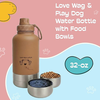 Love Wag & Play Dog Water Bottle with Food Bowls, Portable Stainless Steel Bottle for Dogs, Leakproof Travel Design with Detachable Bowls for Walks, Hikes and Outdoor Adventures (32 oz)