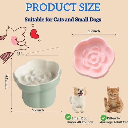 Ceramic Elevated Slow Feeder Cat Bowl,Anti Vomit Design for Whisker Fatigue Relief,Elevated Slow Feeder Bowls for Indoor Cats&Small Breeds,Perfect for Wet Food&Small Dogs (2, Green and Blue)
