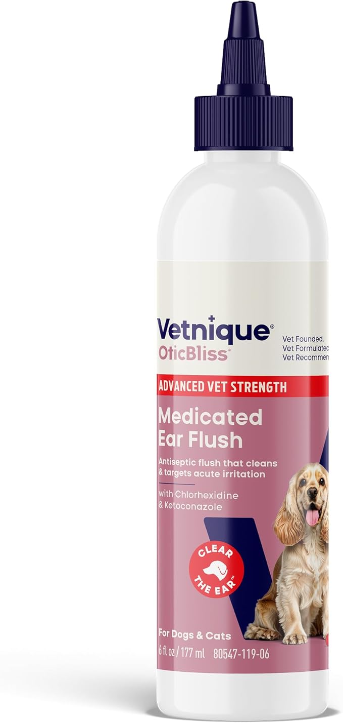 Vetnique Oticbliss Advanced Strength Dog Ear Infection Treatment Flush, Antiseptic Cat & Dog Ear Cleaner Solution Medicated with Chlorhexidine & Ketoconazole Helps with Ear Yeast (6oz Flush)