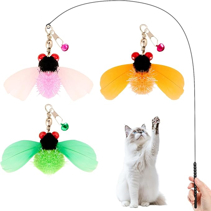 Walfront Interactive Insect Cat Toy for Indoor Cats | Bug Feather Wand with Metal Handle and 3 Realistic Insect Attachments for Exercise, Enrichment and Fun Play for Kittens and Adult Cats