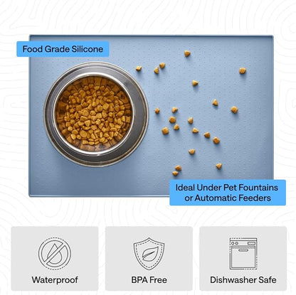 GORILLA GRIP 100% Waterproof Raised Edge BPA Free Silicone Pet Feeding Mat, Dog Cat Food Mats Contain Spills Protects Floors, Placemats for Cats and Dogs Water Bowl, Pets Accessories 18.5x11.5 Blue