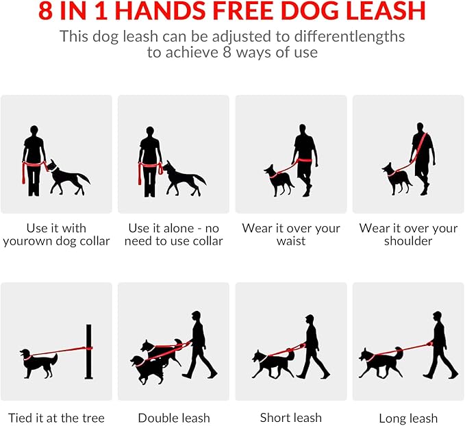 8.2ft Hands Free Dog Leash,Versatile Waist & Crossbody Lead for Medium Dogs,Waterproof & Adjustable for Running Jogging Walking, 360° Swivel Metal Buckle (Red)